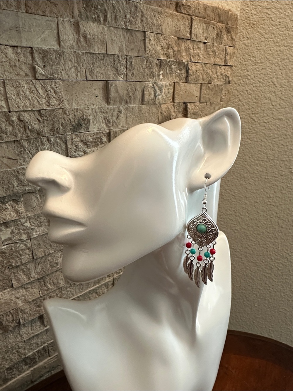 Silver-Tone Bohemian Turquoise & Red Bead Dangle Earrings